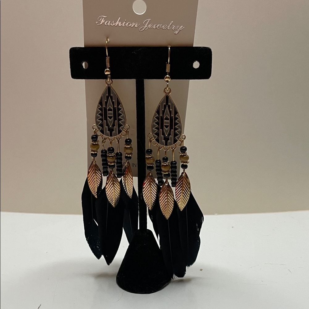 Black and Gold Feather Earrings